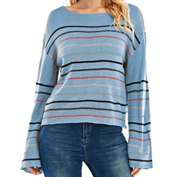 NWT Striped Knit Bell Sleeve Slouchy Sweater Top. - Picture 4 of 6